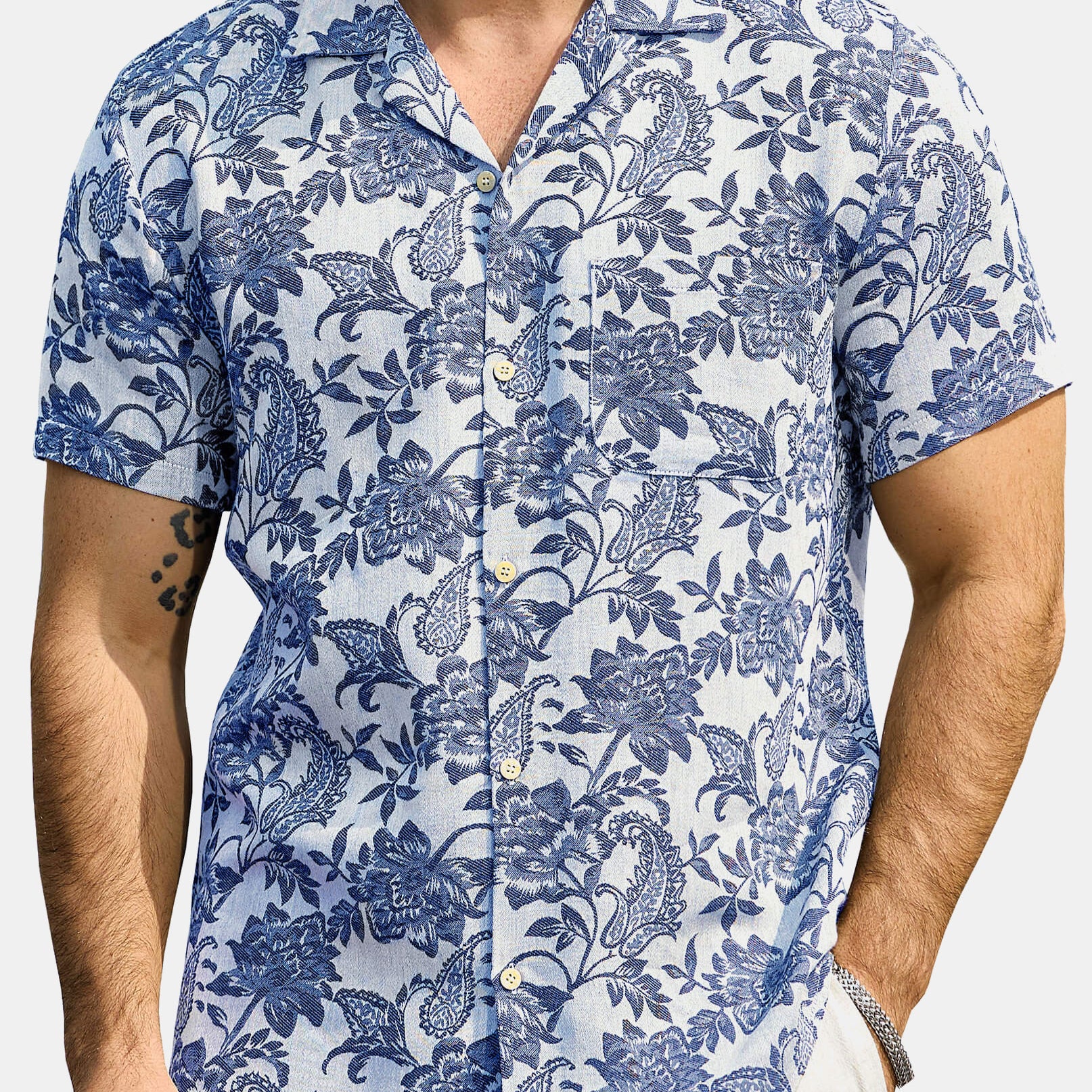 Men‘s Jacquard Hawaiian Short Sleeve Casual Floral Tropical Summer Beach Shirt