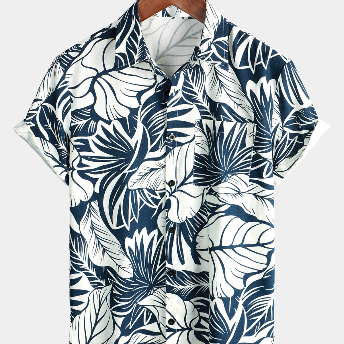 Men's Tropical Plant Print Pocket Cotton Linen Hawaiian Short Sleeve Shirt