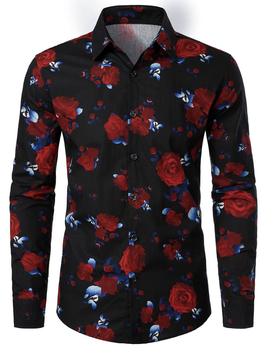 Men's Red Rose Print Cotton Button Up Long Sleeve Shirt Alsofitit
