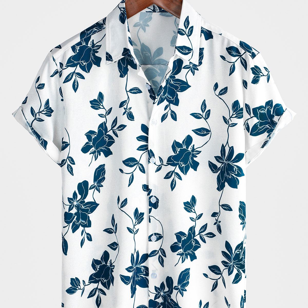 Men's Blue Floral Summer Holiday Button Up Short Sleeve Shirt