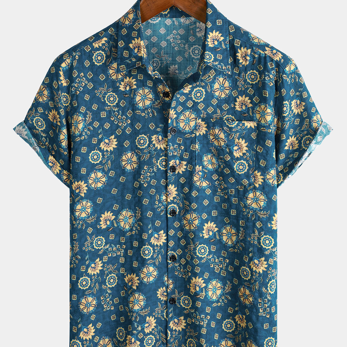 Men's Short Sleeve Retro Print Pocket Beach Shirt