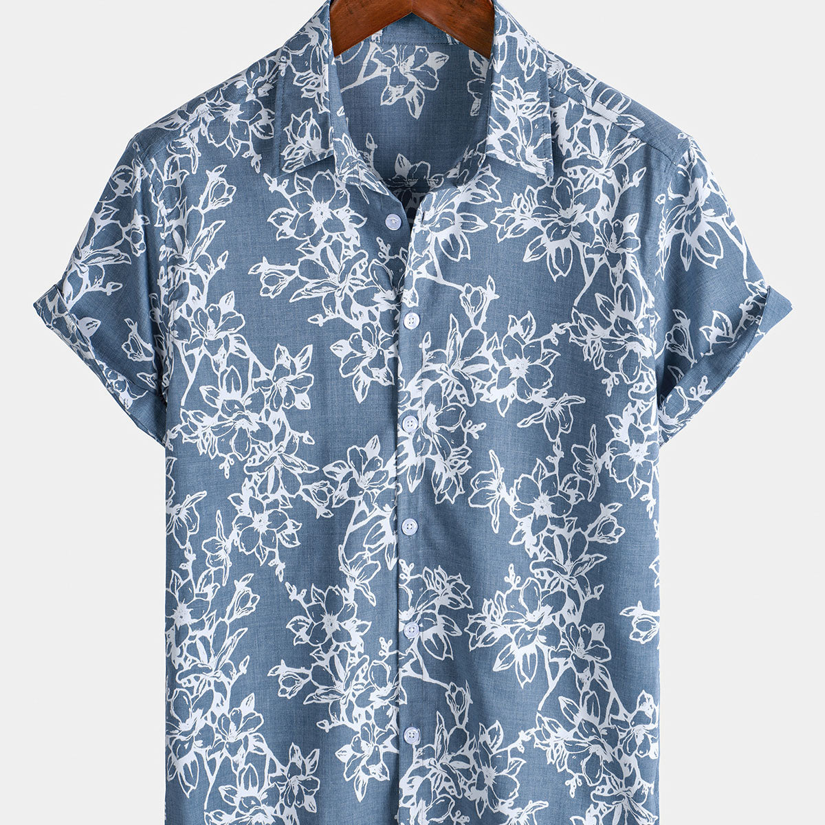 Men's Blue Hawaiian Floral Print Short Sleeve Summer Cotton Shirt