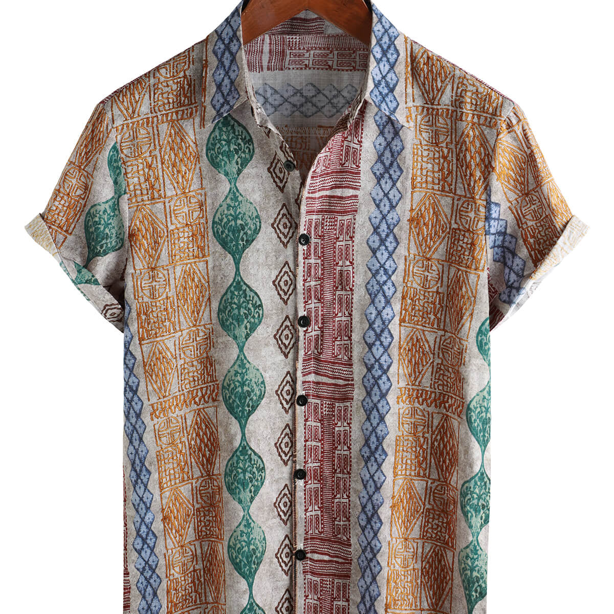 Men's Retro Striped Print Holiday Button Up Short Sleeve Shirt