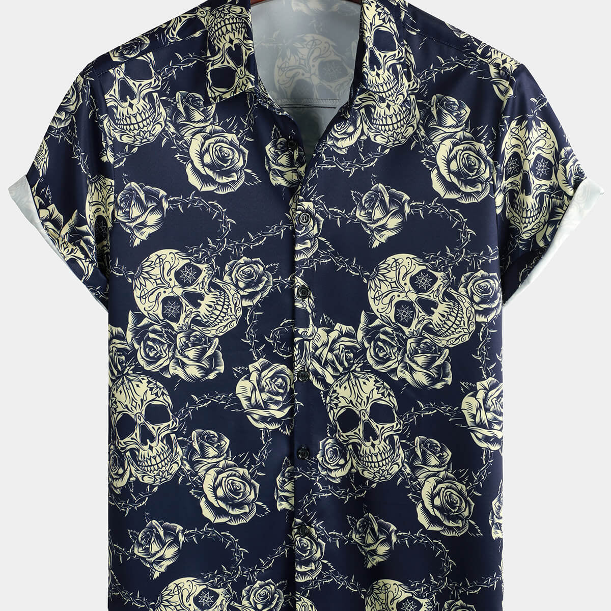 Men's Rock Skull Vintage Rose Print Button Up Short Sleeve Shirt
