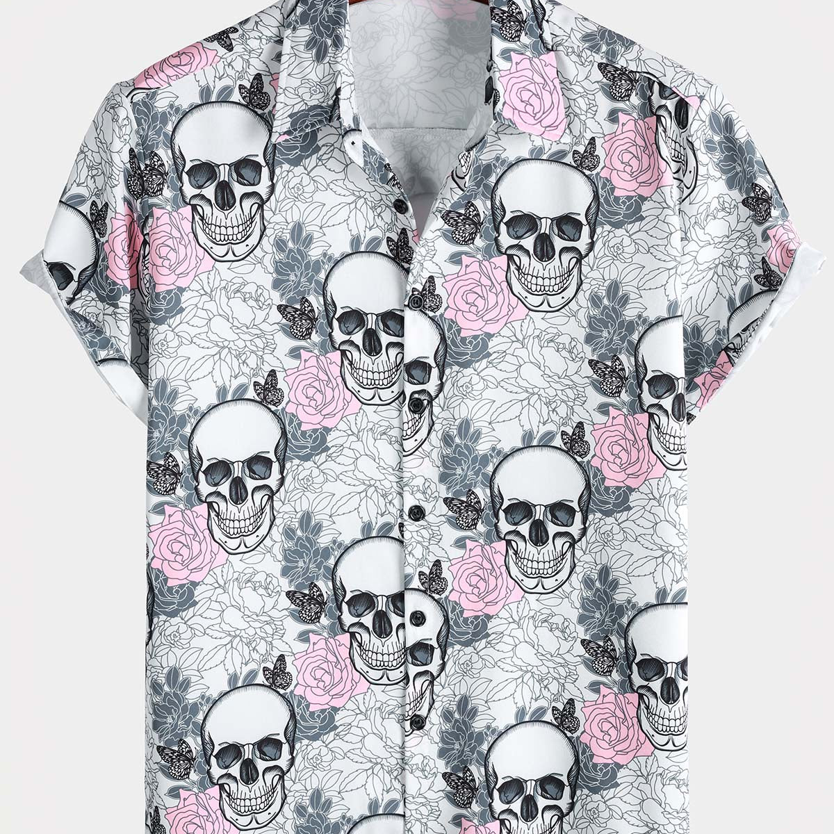 Men's Pink Flower Cool Skull Graphic Button Up Short Sleeve Punk Rock Art Shirt