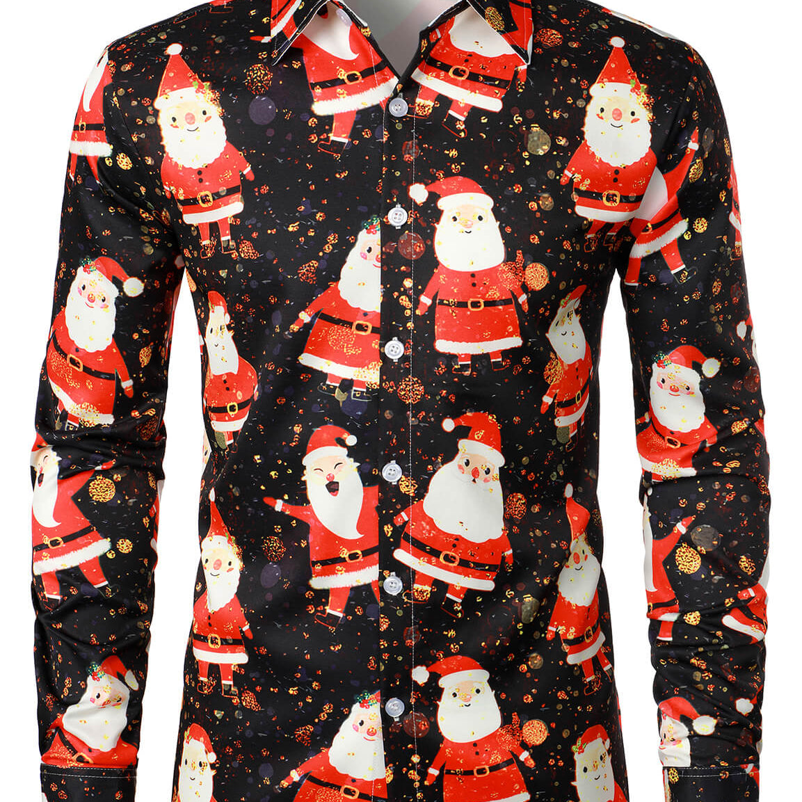 Men's Christmas Cute Santa Print Xmas Holiday Button Up Long Sleeve Shirt