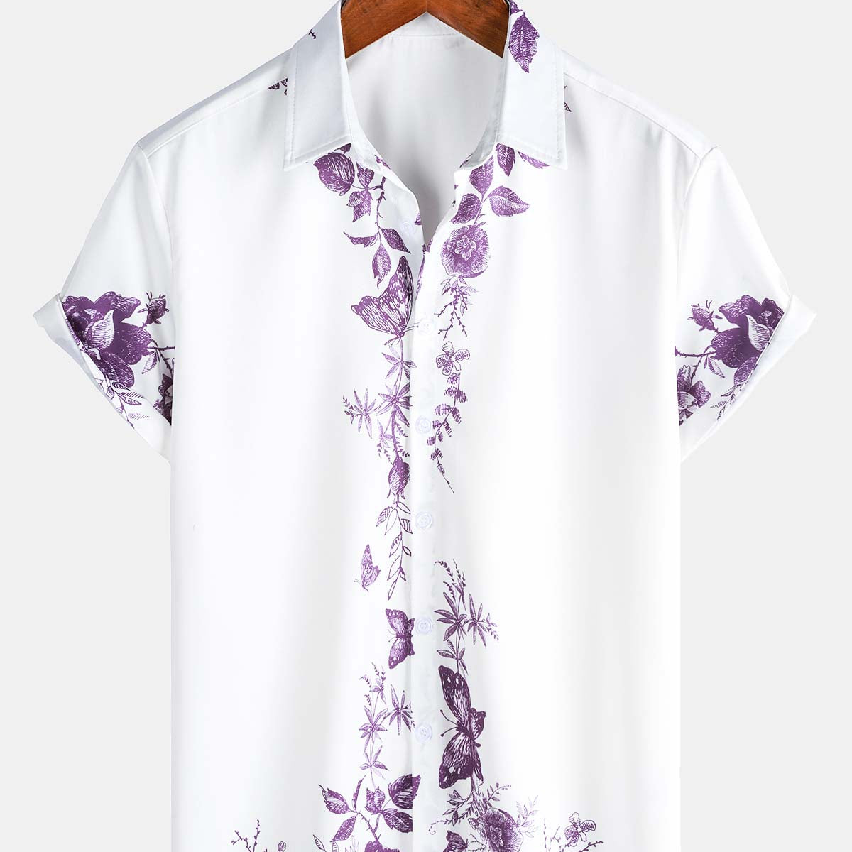 Men's Blue Floral Print Hawaiian Button Up Summer Beach Casual Collar Short Sleeve Shirt