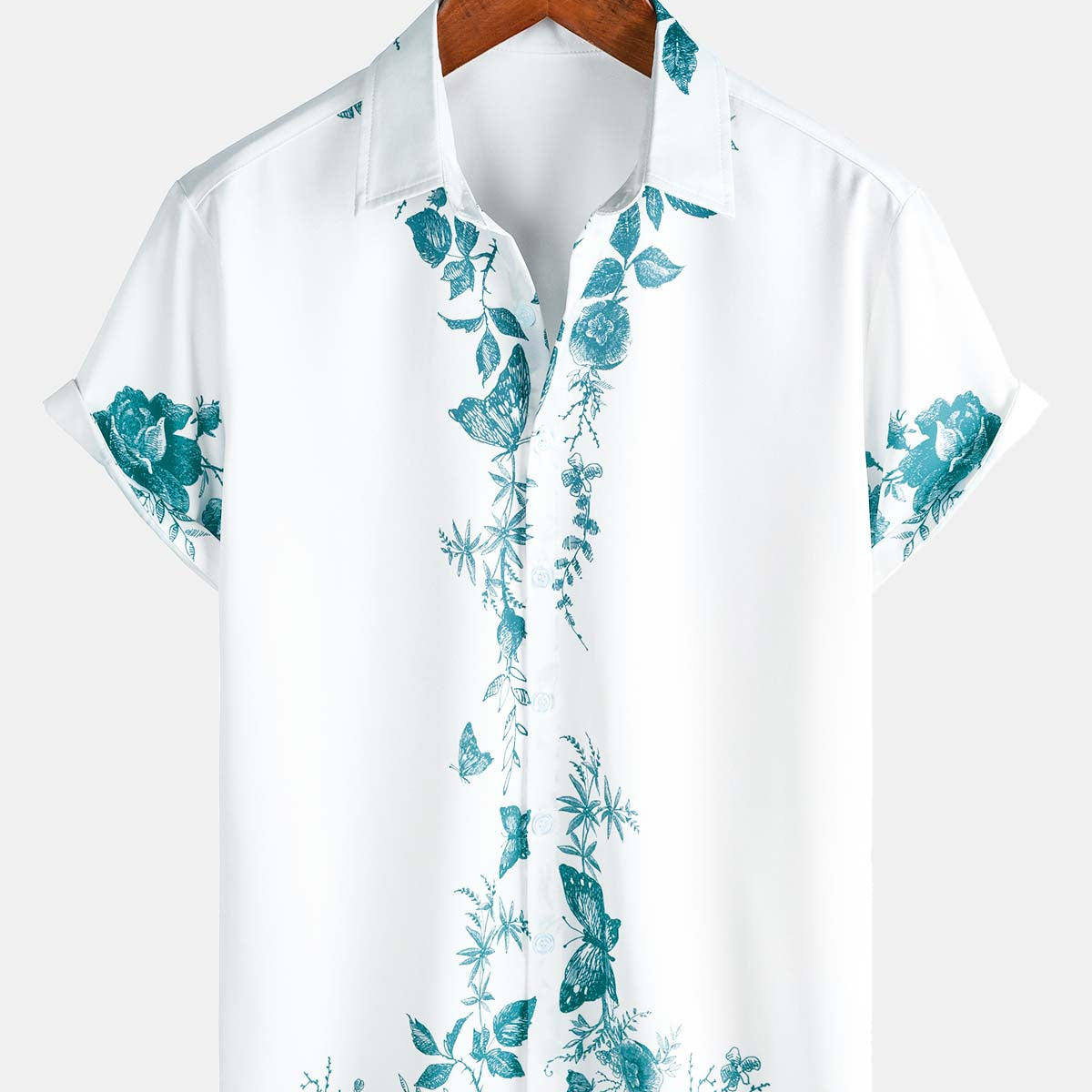 Men's Blue Floral Print Hawaiian Button Up Summer Beach Casual Collar Short Sleeve Shirt