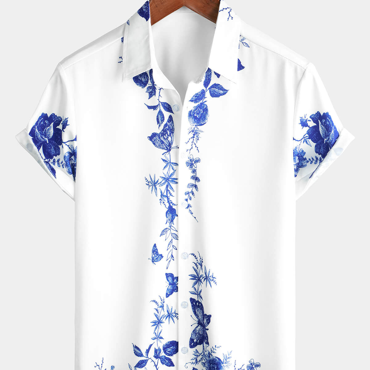 Men's Blue Floral Print Hawaiian Button Up Summer Beach Casual Collar Short Sleeve Shirt