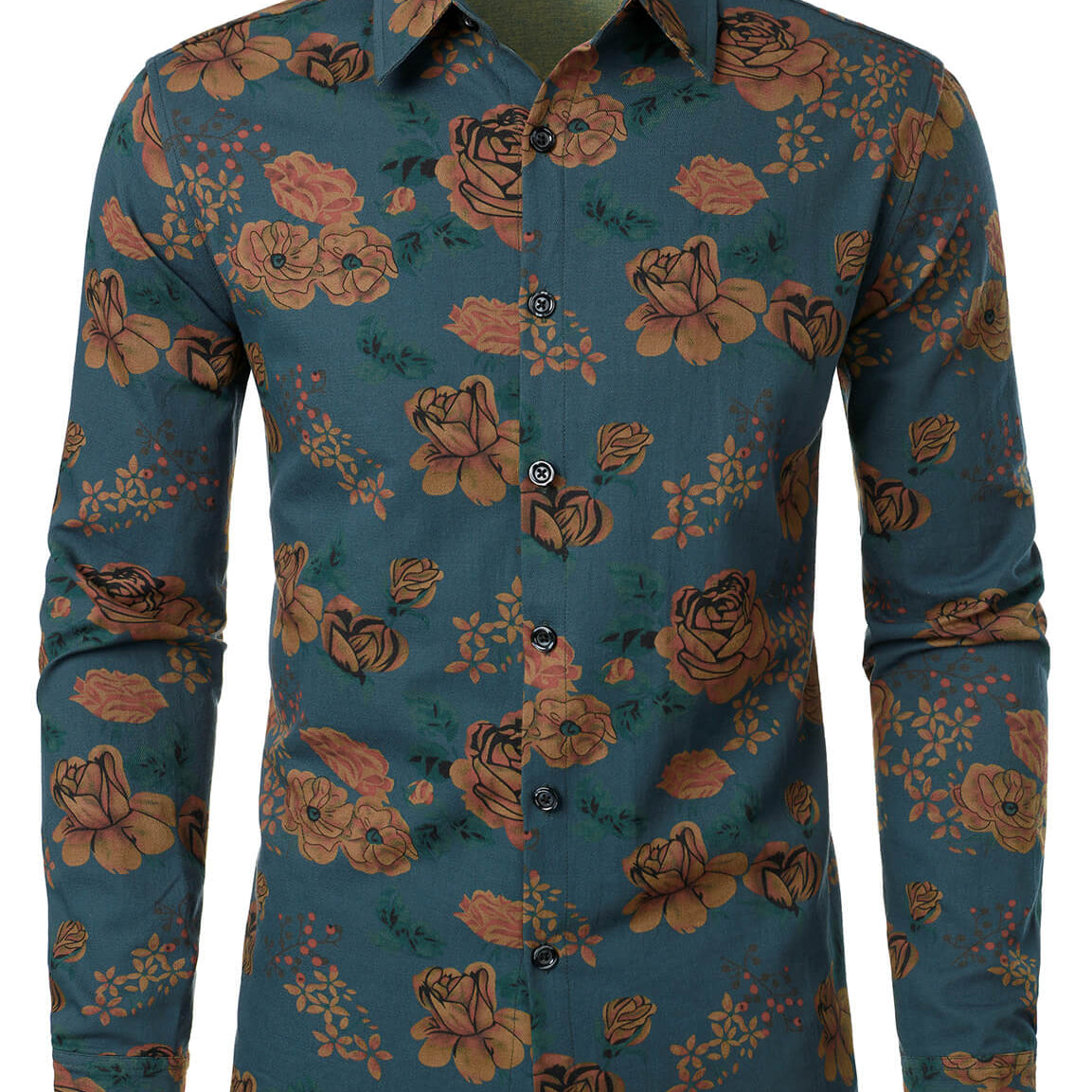 Men's Vintage Floral Blue Long Sleeve Button Up Shirt