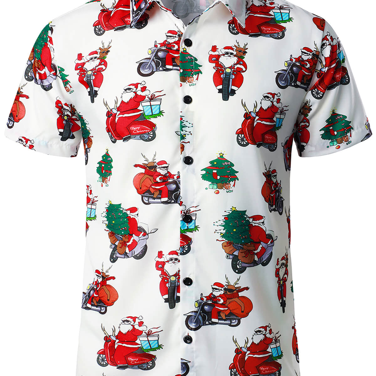 Men's Christmas Santa Claus and Motorcycle Print Button Up Short Sleeve Shirt