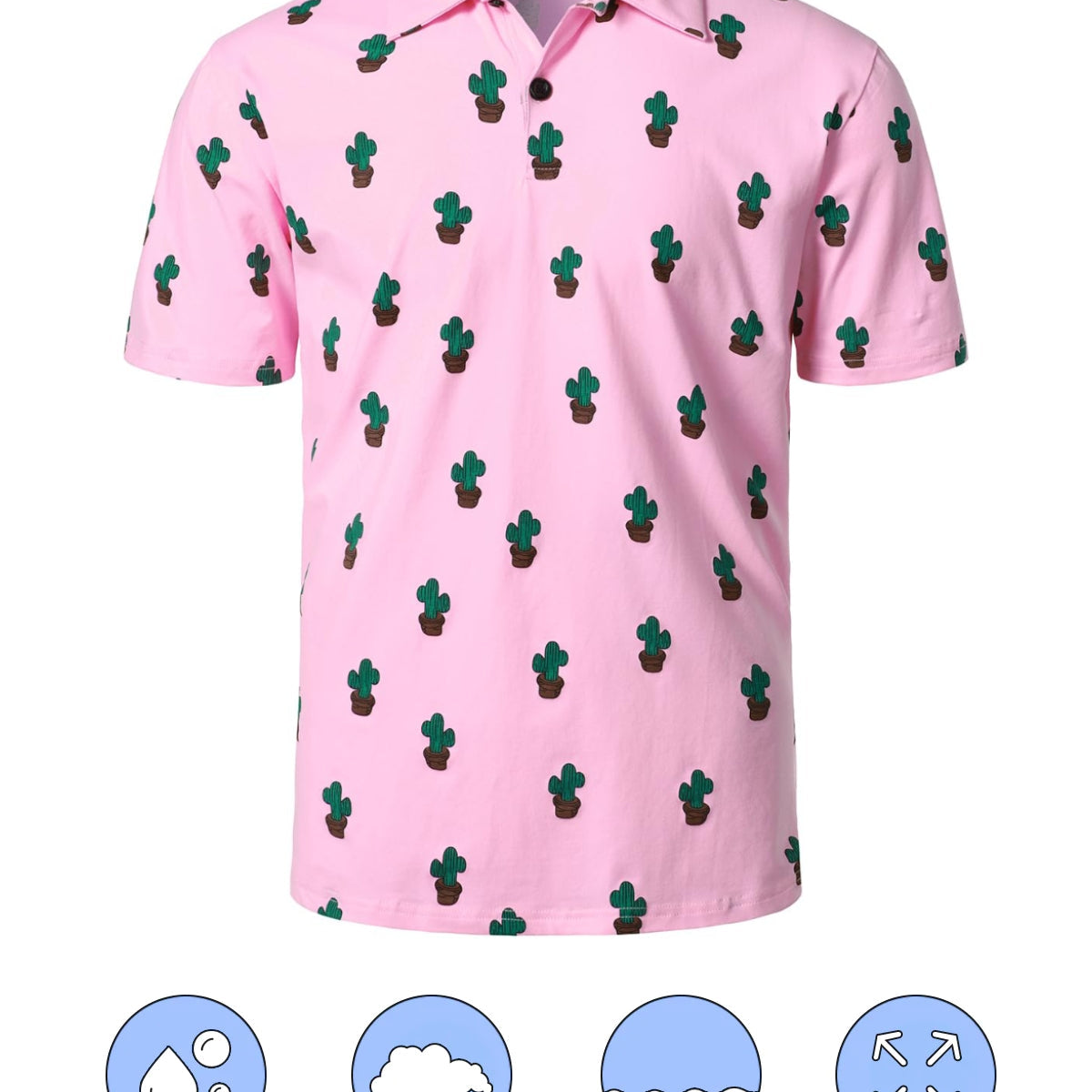 Men's Cactus Print Pink Cotton Holiday Sports Golf Short Sleeve Polo Shirt