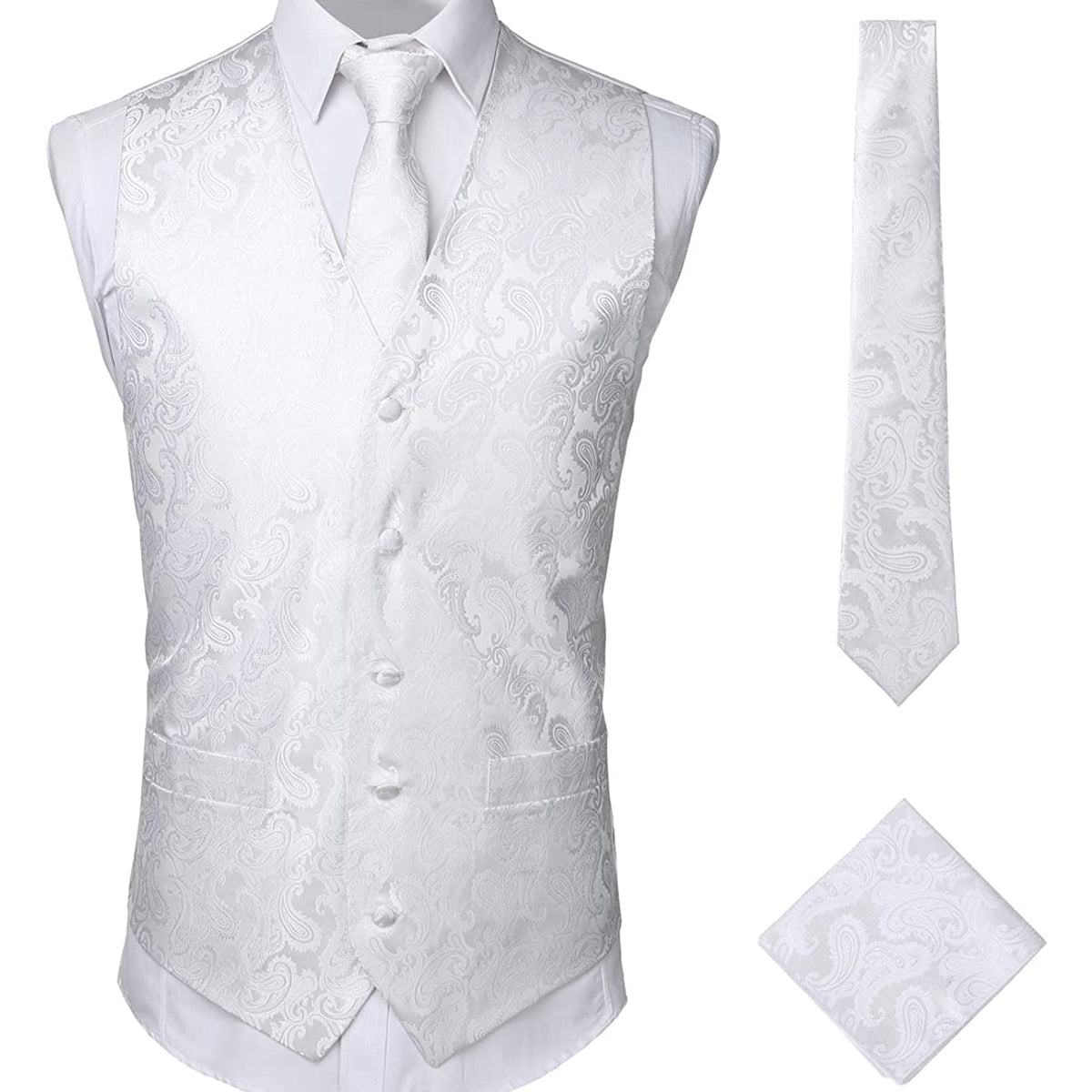 Men's Paisley Vest Necktie Square Pocket Handkerchief Set for Suit or Tuxedo