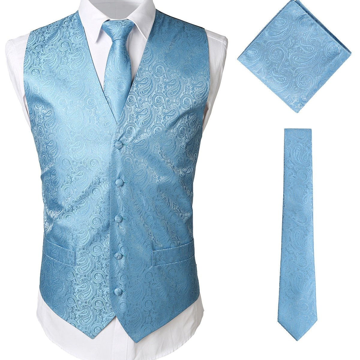 Men's Paisley Vest Necktie Square Pocket Handkerchief Set for Suit or Tuxedo