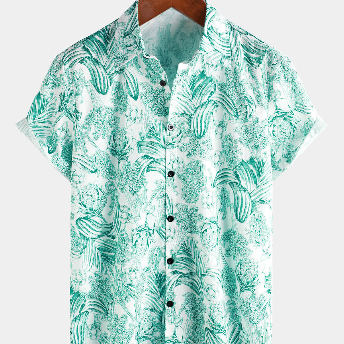 Men‘s 100% Cotton Green Floral Hawaiian Short Sleeve Button Shirt