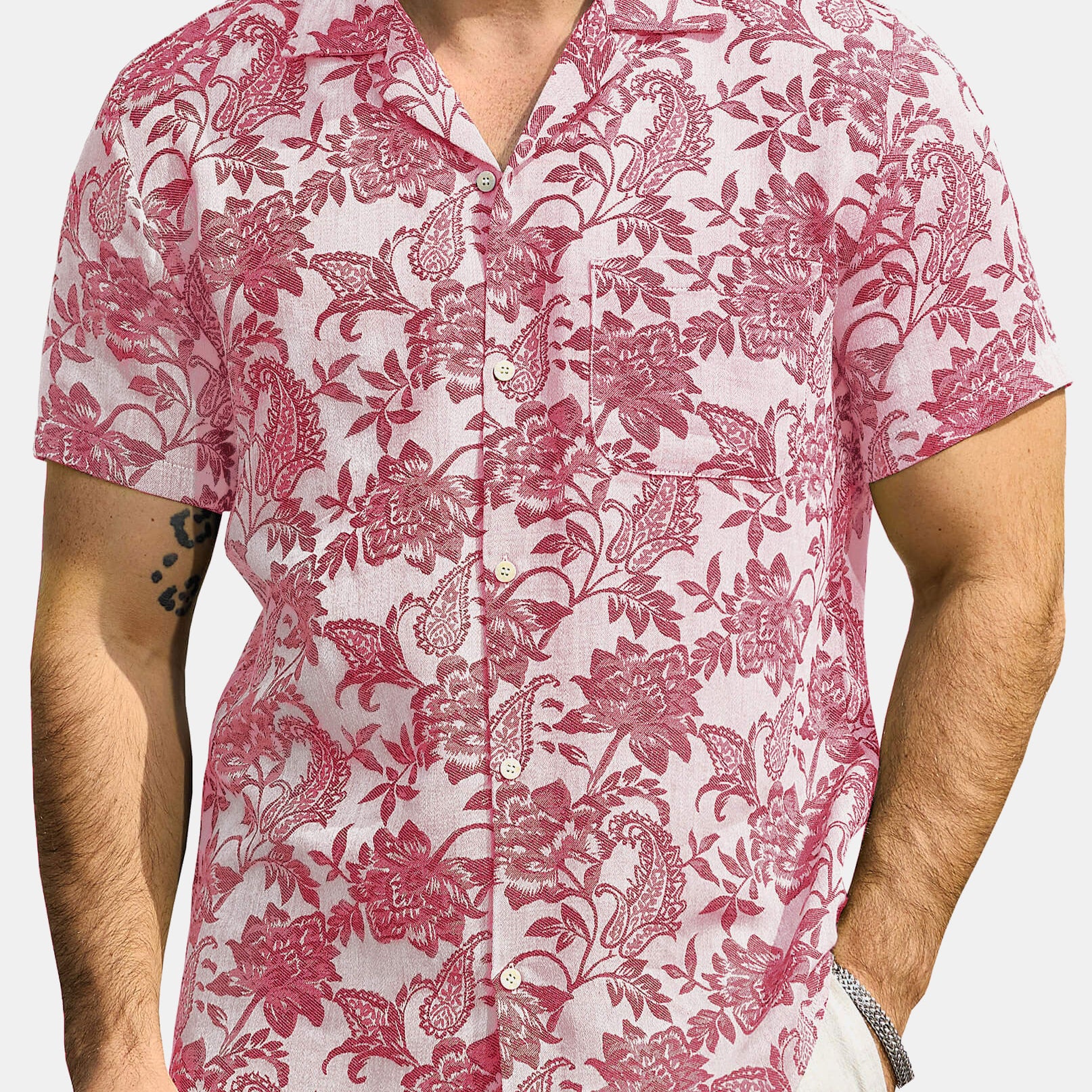Men‘s Jacquard Hawaiian Short Sleeve Casual Floral Tropical Summer Beach Shirt