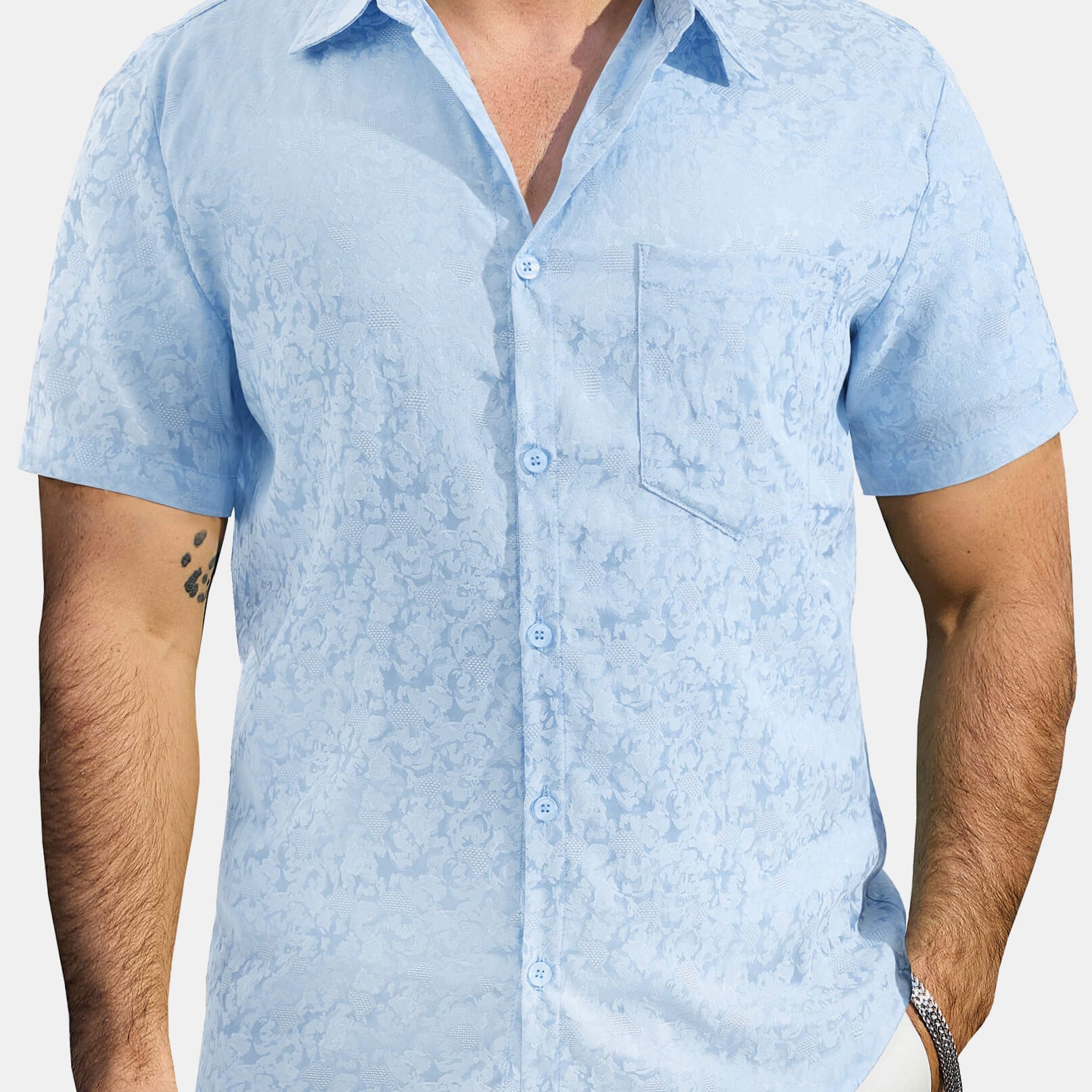 Men's Jacquard Satin Casual Short Sleeve Button Up Shirts