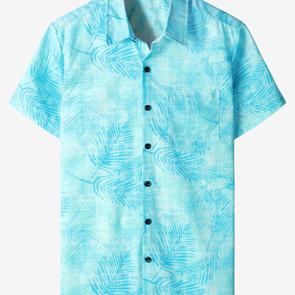 Men's Light Blue Tropical Print Beach Holiday Pocket Short Sleeve Shirt