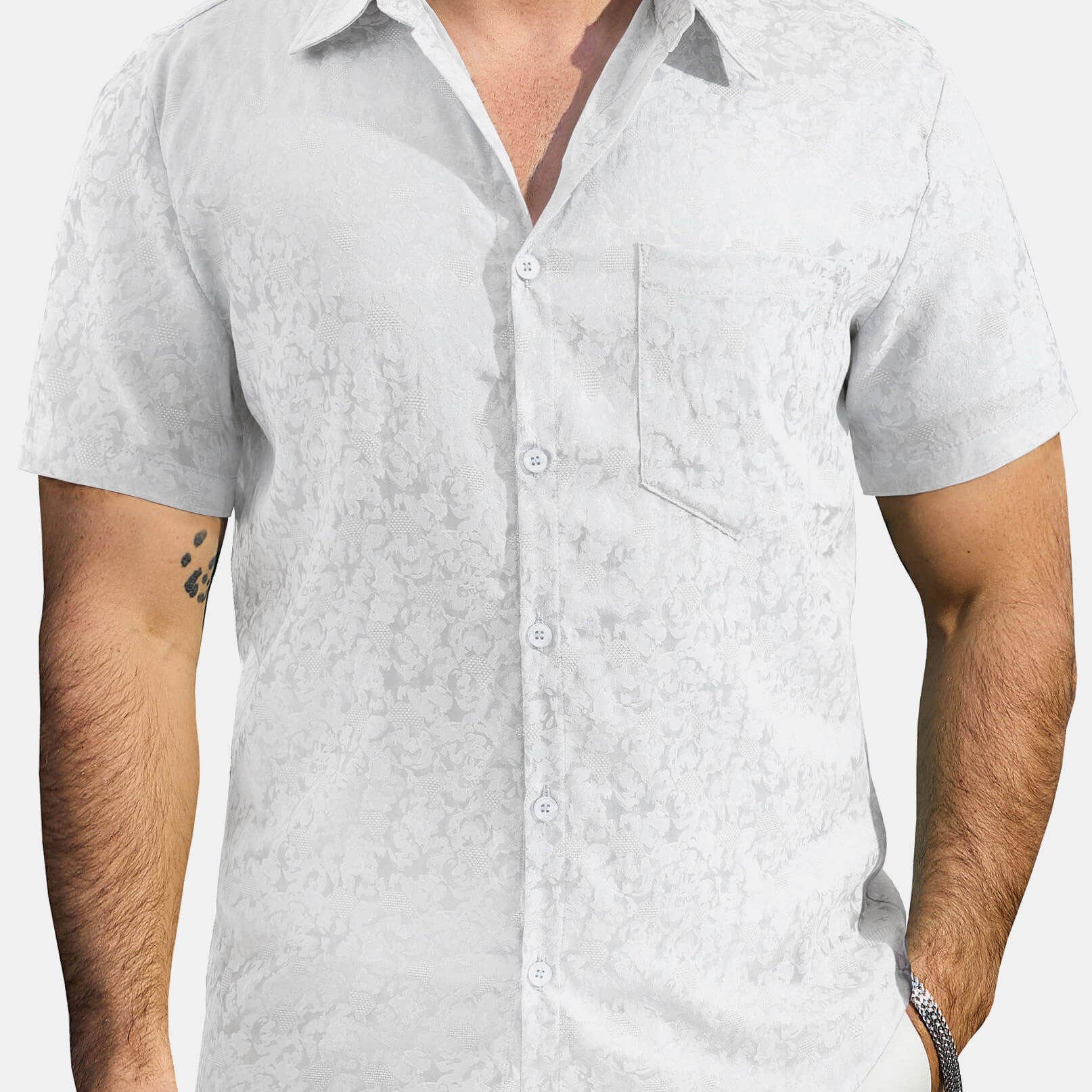 Men's Jacquard Satin Casual Short Sleeve Button Up Shirts