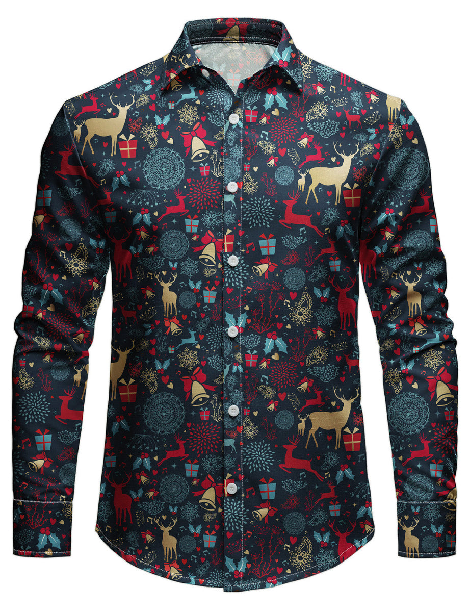 Men's Christmas Button Down Shirts - Casual Xmas Long Sleeve Funky Print Dress  Shirt For Holiday Parties
