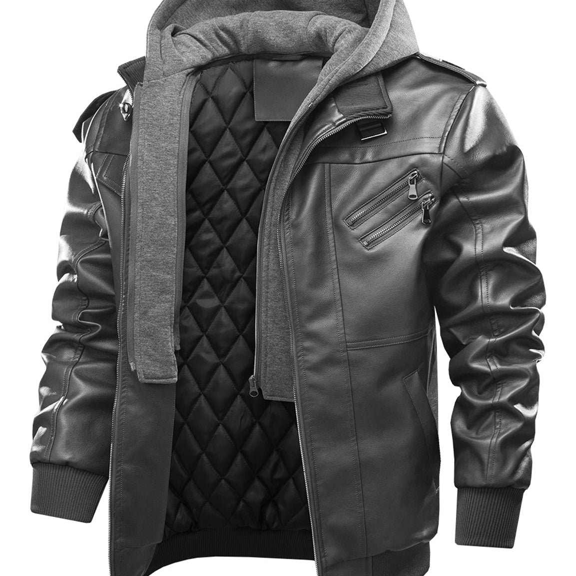 Men's Vintage Motorbike Biker Winter Leather Bomber Motorcycle Jacket with Removable Hood