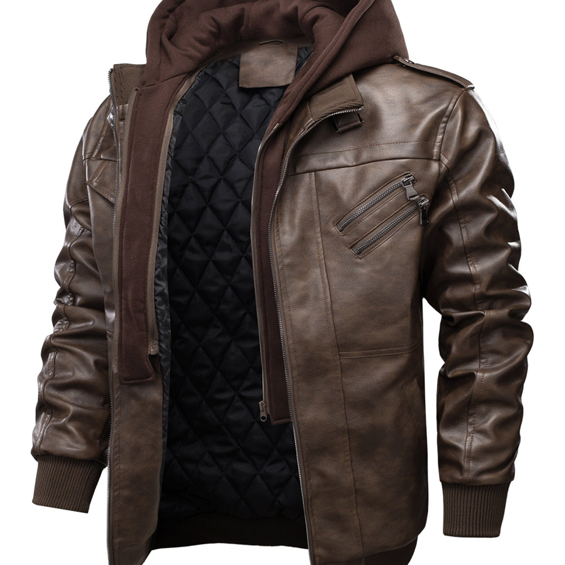 Men's Vintage Motorbike Biker Winter Leather Bomber Motorcycle Jacket with Removable Hood
