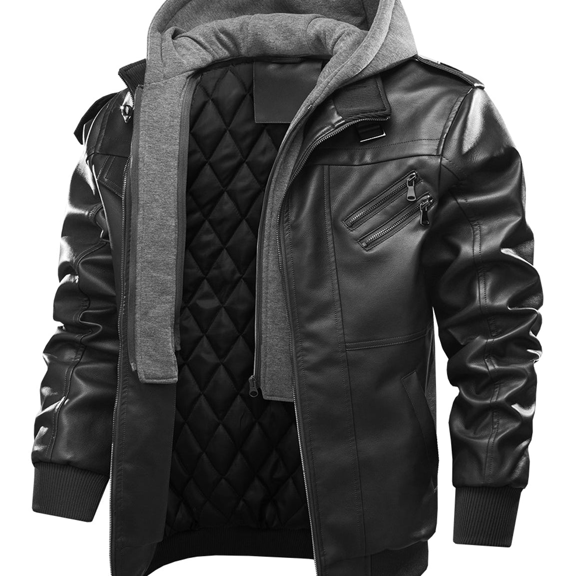 Men's Vintage Motorbike Biker Winter Leather Bomber Motorcycle Jacket with Removable Hood