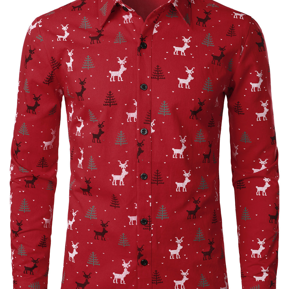 Men's Christmas Tree Elk Print Breathable Red Long Sleeve Shirt