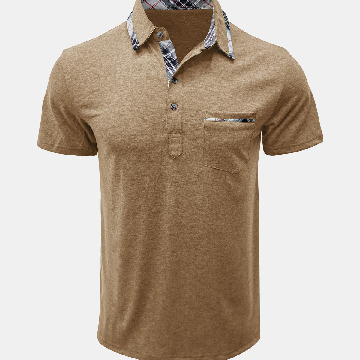 Men's Summer Casual Plaid Breathable Pocket Short Sleeve Polo Shirt