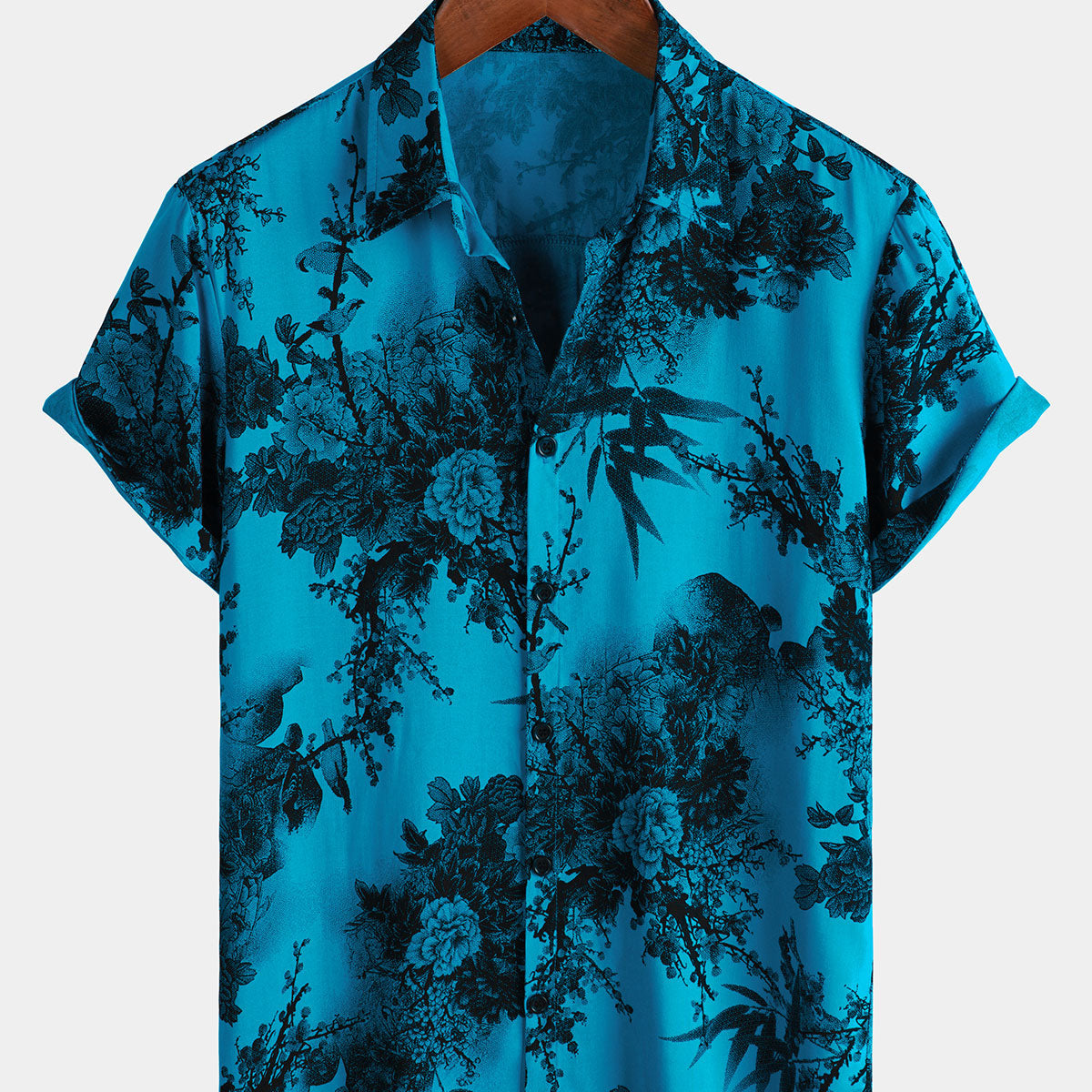 Men's Blue Retro Holiday Breathable Flower Hawaiian Short Sleeve Shirt