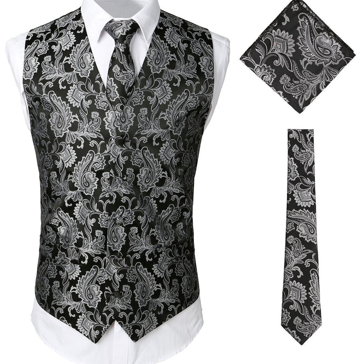 Men's Paisley Vest Necktie Square Pocket Handkerchief Set for Suit or Tuxedo