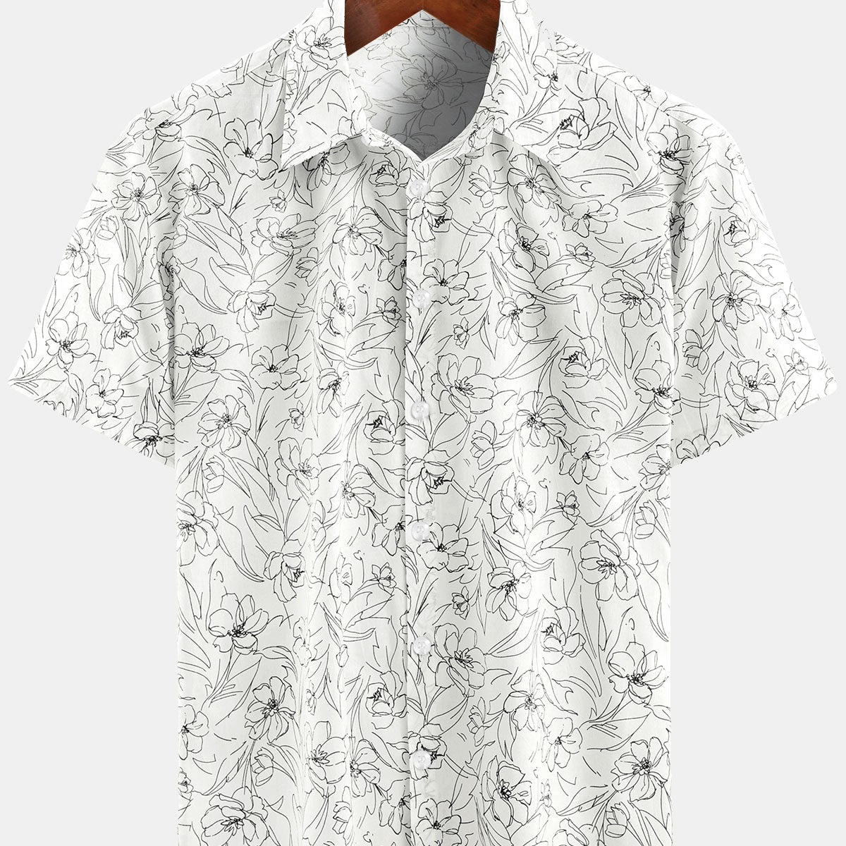 Men's Summer Casual Line Floral Print White Cotton Short Sleeve Shirt