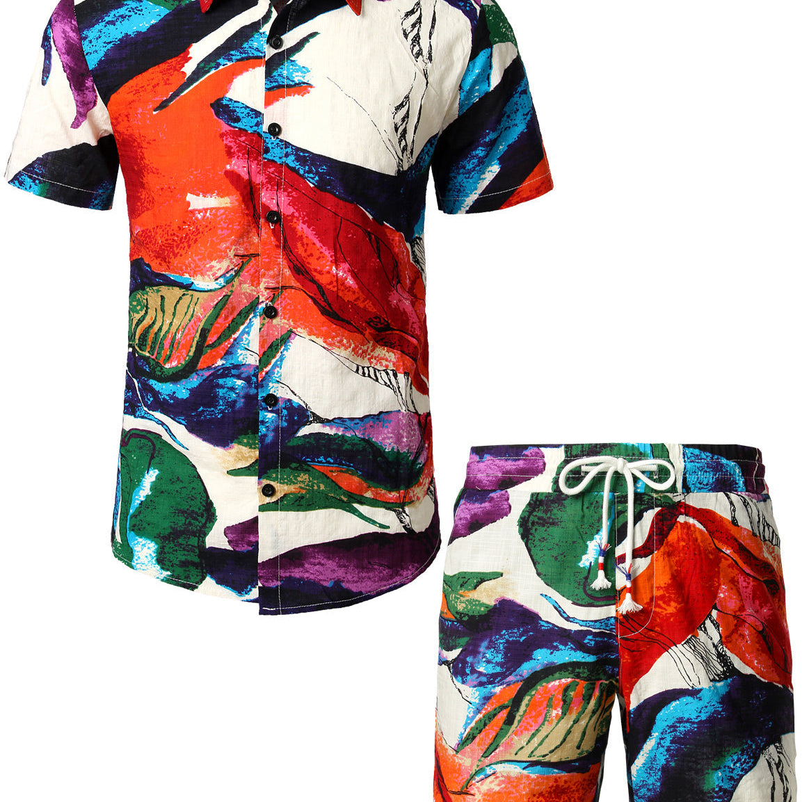 Men's Flower Tropical Hawaiian Floral Matching Shirt and Shorts Set