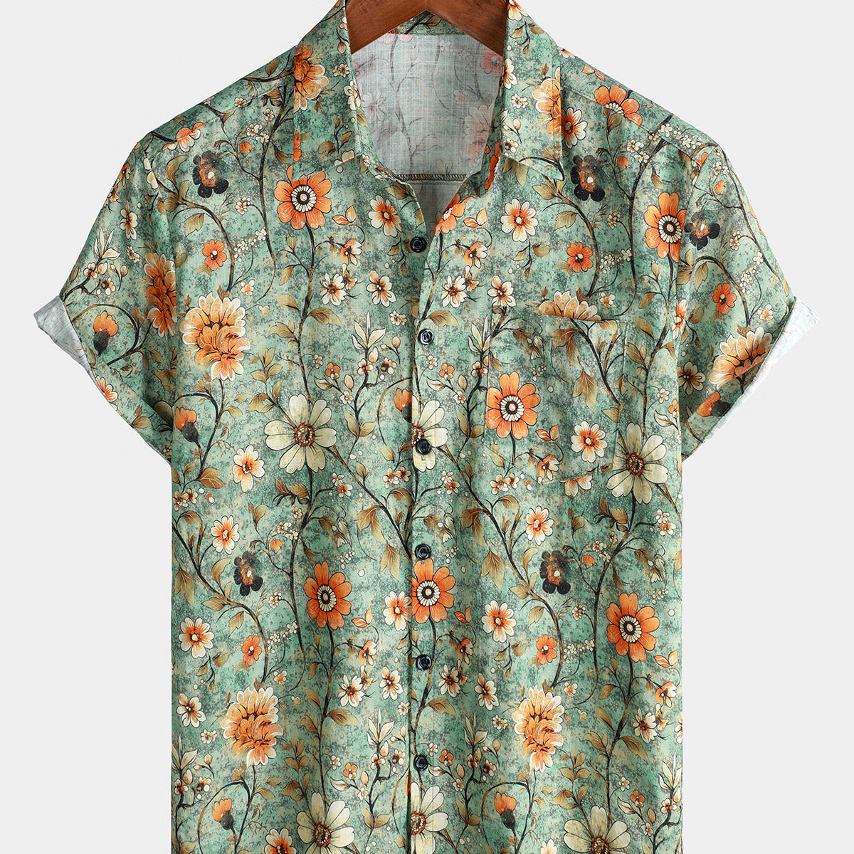 Men's Green Floral Print Summer Short Sleeve Hawaiian Shirt