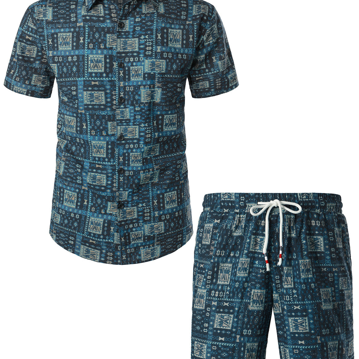 Men's Vintage Boho Short Sleeve Matching Shirt and Shorts Set