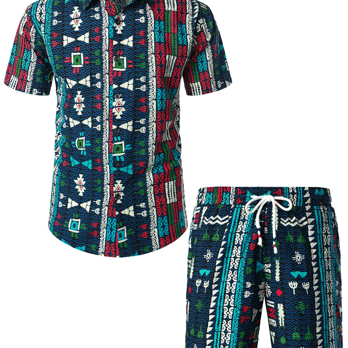 Men's Vintage Boho Short Sleeve Matching Shirt and Shorts Set