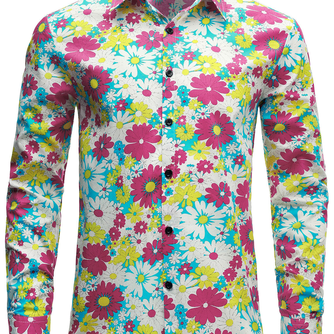 Men's Vintage Floral Pink Cotton Button Up Long Sleeve Shirt