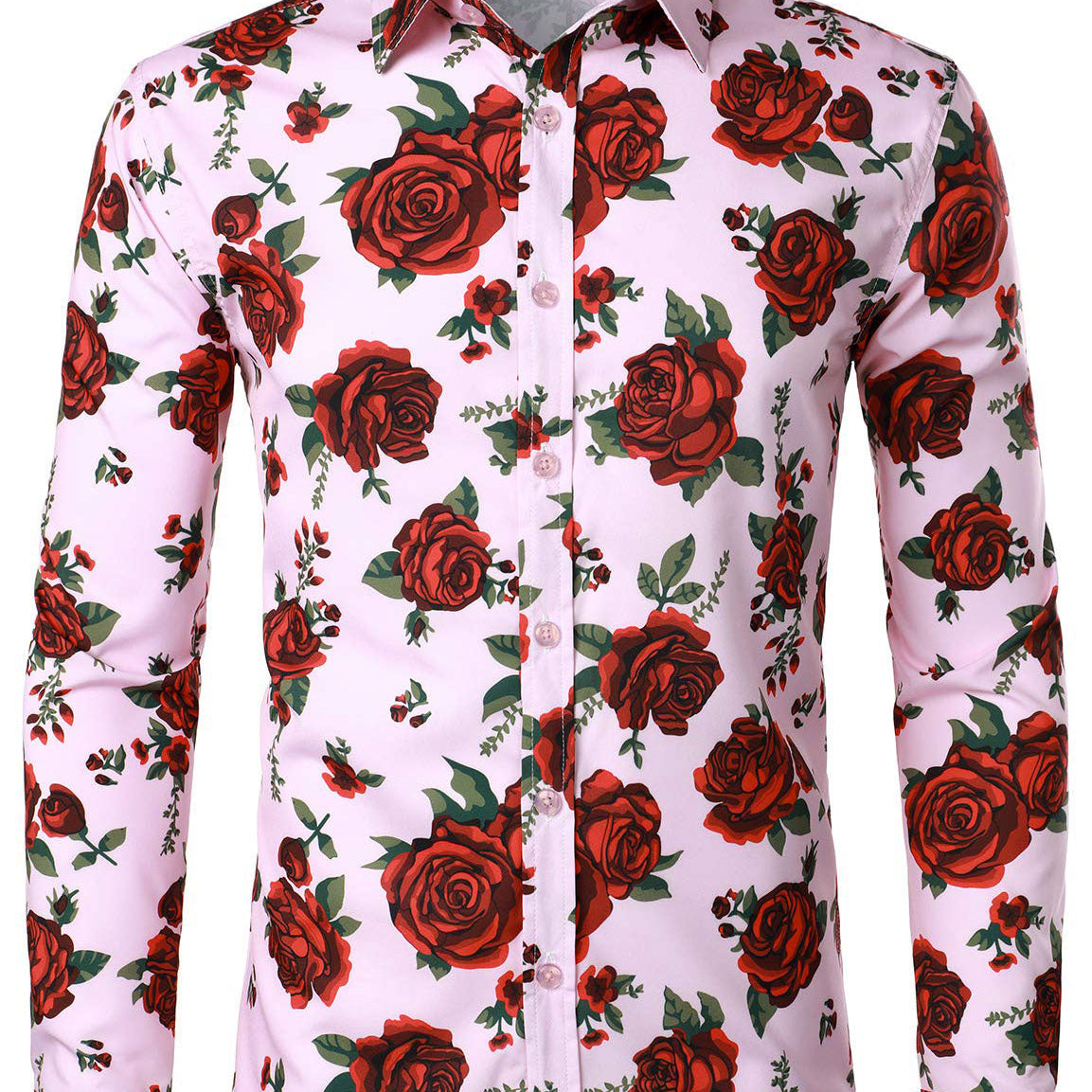 Men's Rose Print Pink Casual Button Long Sleeve Shirt