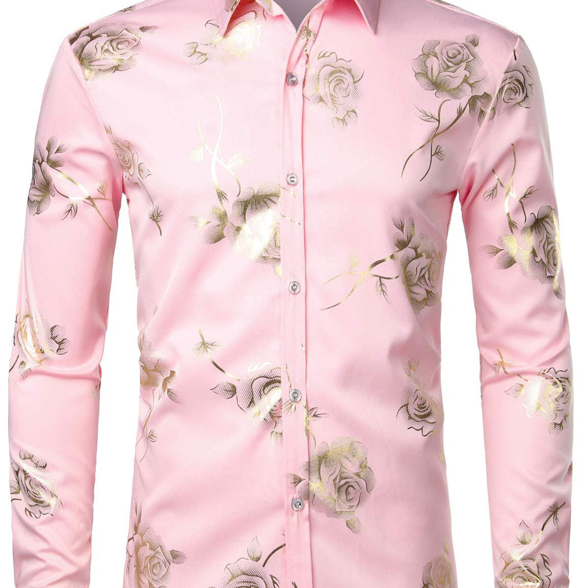 Men's Casual Rose Floral Print Pink Button Up Long Sleeve Dress Shirt