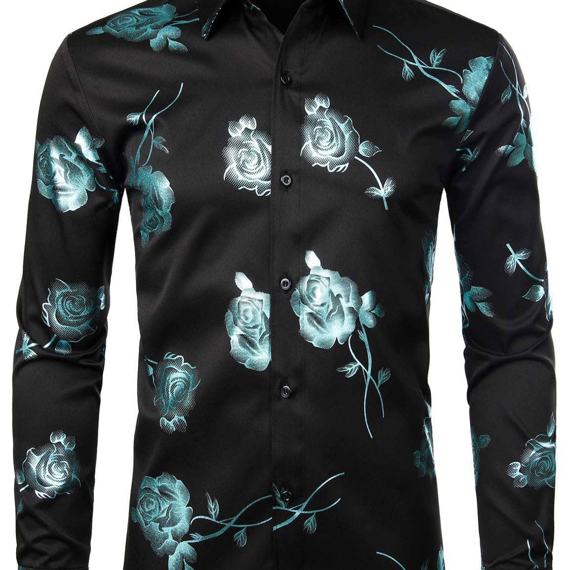 Men's Casual Rose Floral Print Button Up Long Sleeve Dress Shirt