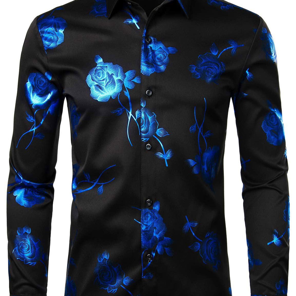 Men's Blue Rose Floral Print Long Sleeve Button Up Dress Shirt