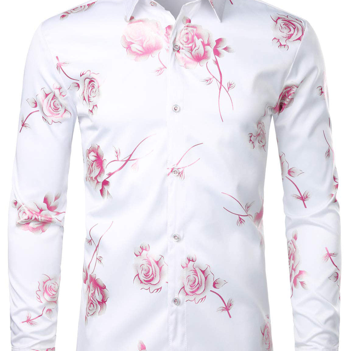 Men's Casual Pink Rose Floral Print Button Up Long Sleeve Dress Shirt