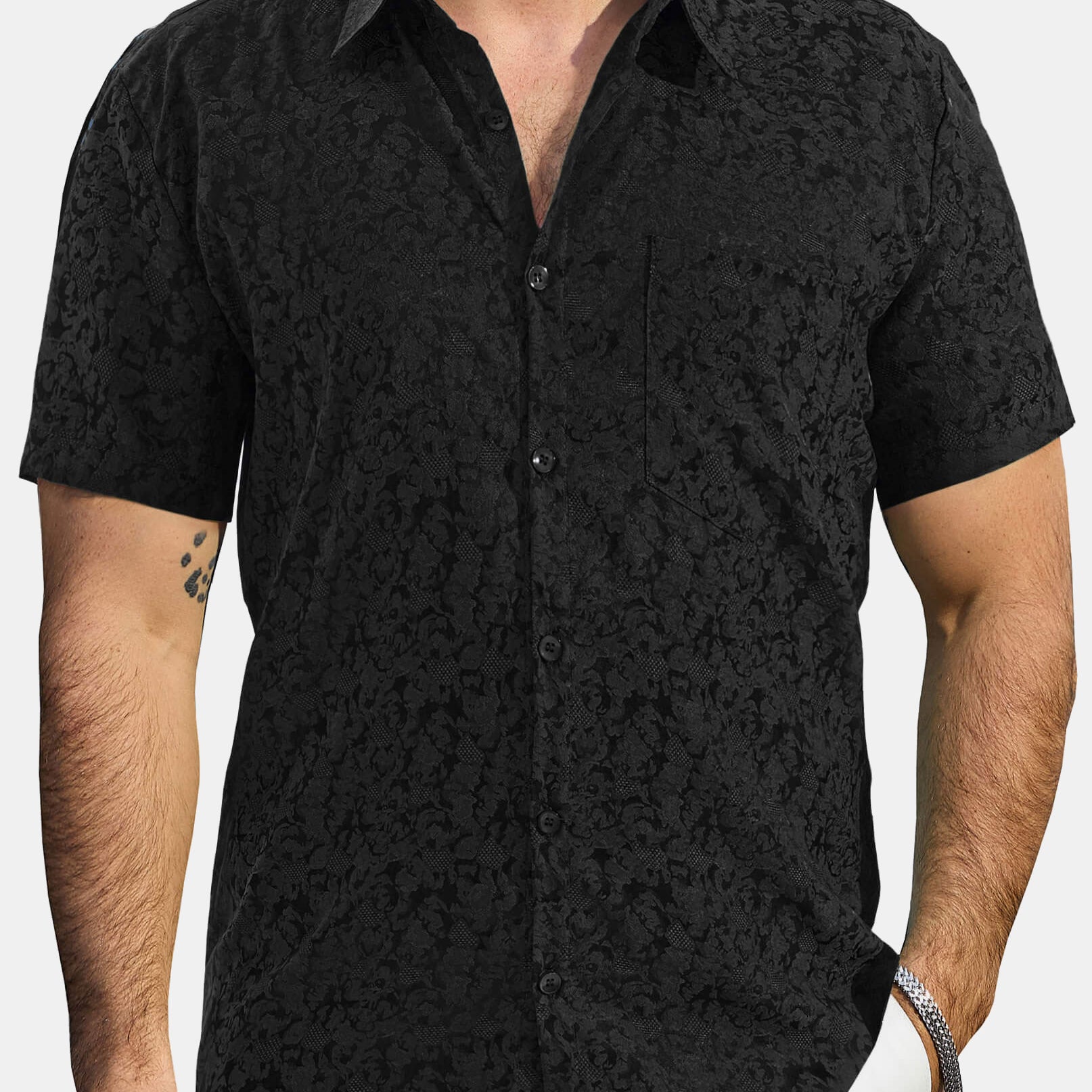 Men's Jacquard Satin Casual Short Sleeve Button Up Shirts