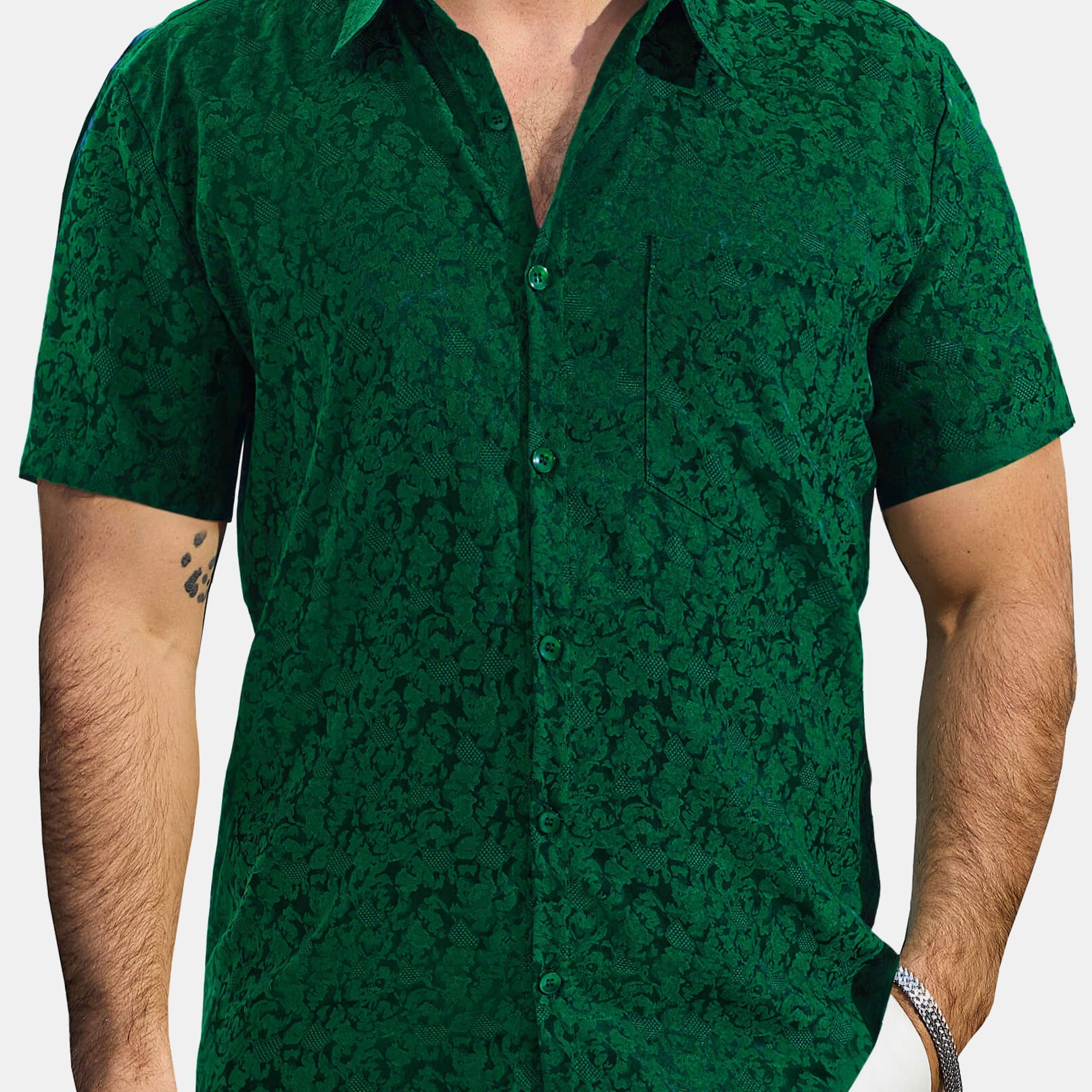 Men's Jacquard Satin Casual Short Sleeve Button Up Shirts