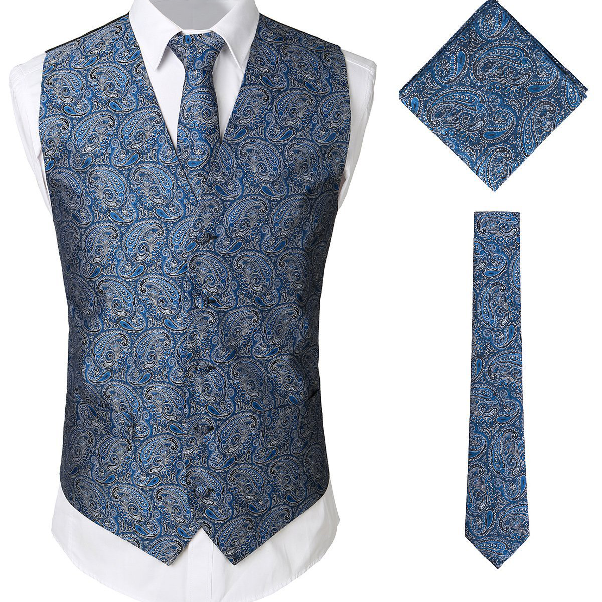 Men's Paisley Vest Necktie Square Pocket Handkerchief Set for Suit or Tuxedo