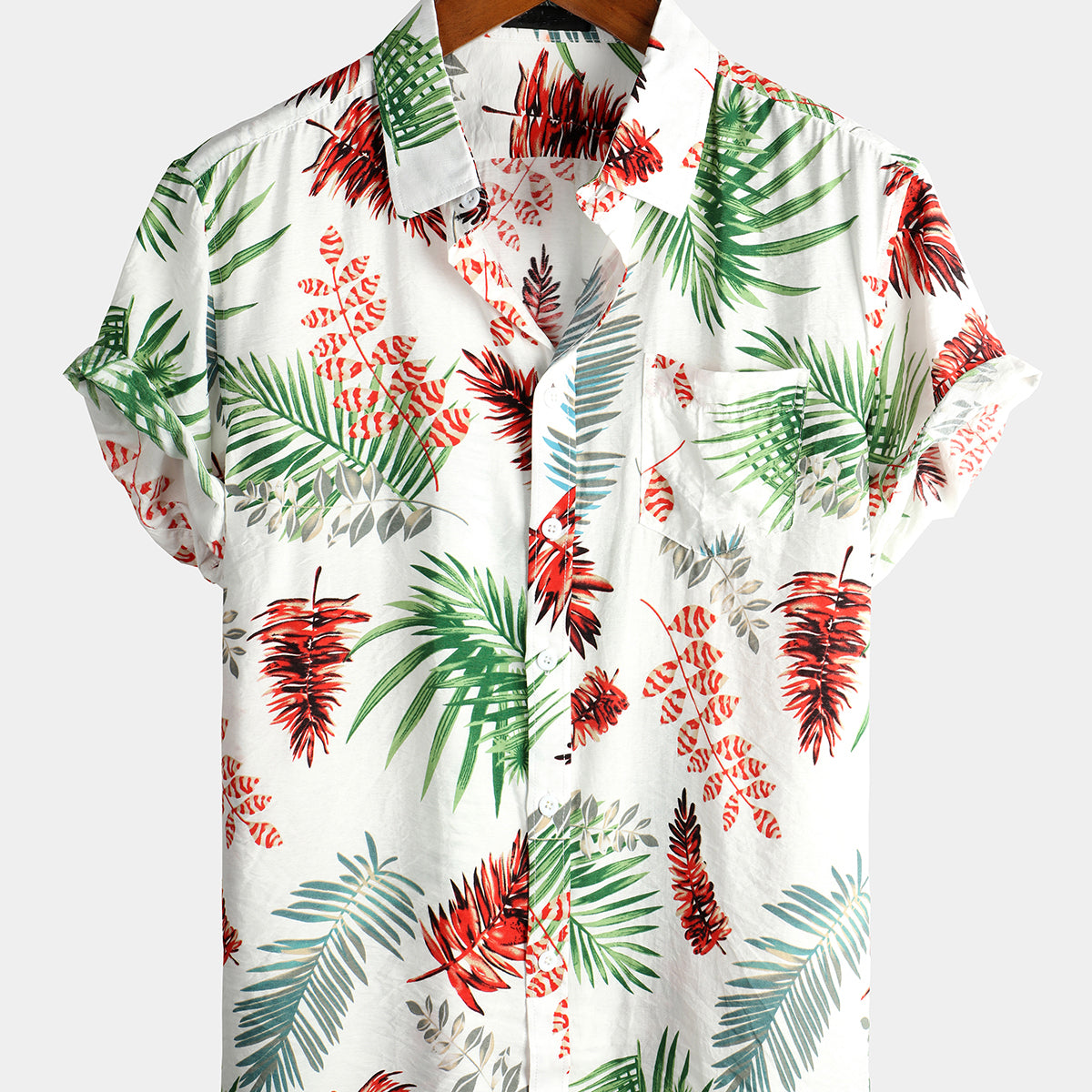Men's Tropical Leaf Print Pocket Casual Shirt