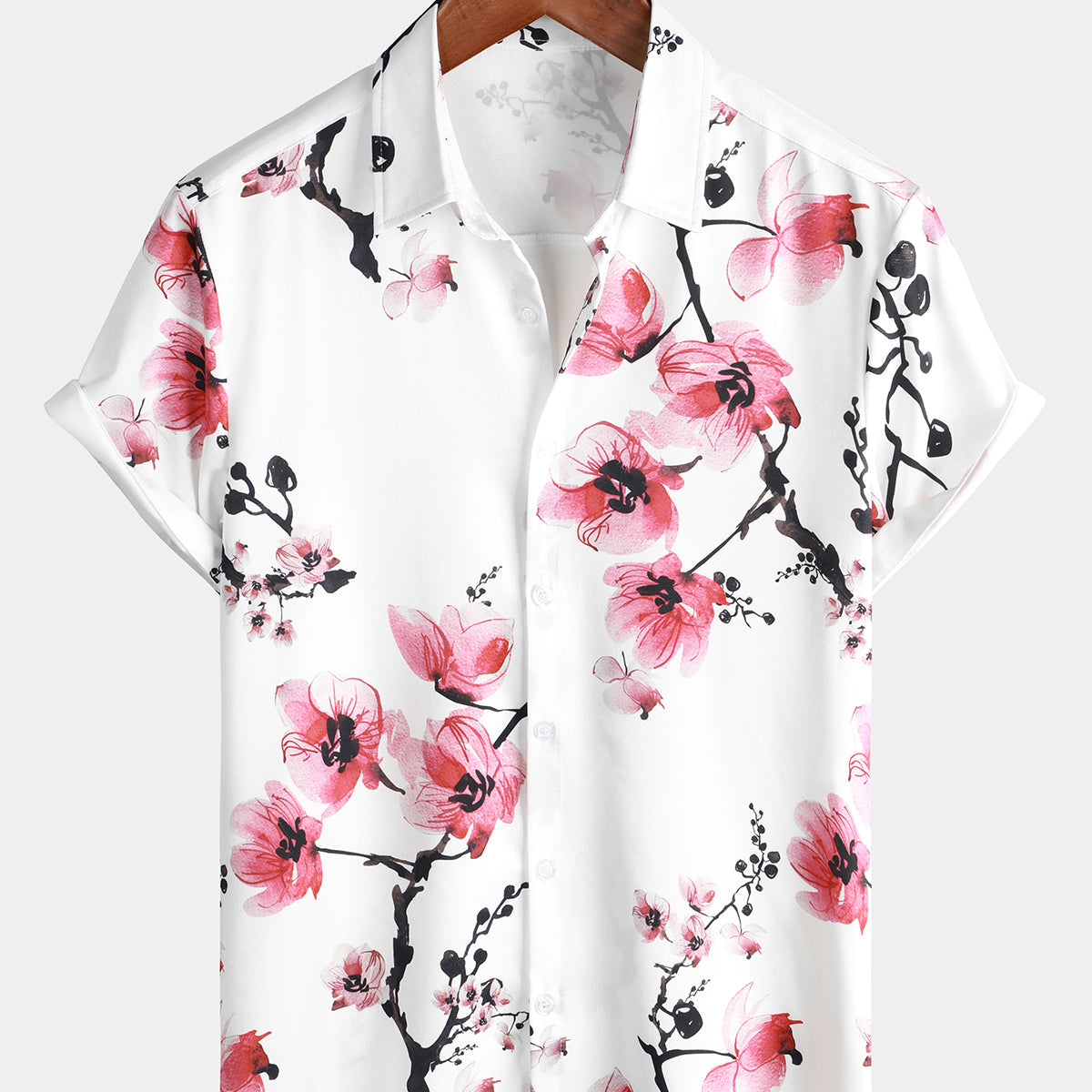 Men's Casual Pink Floral Print Summer Button Up Flower Short Sleeve Cherry Blossom Shirt