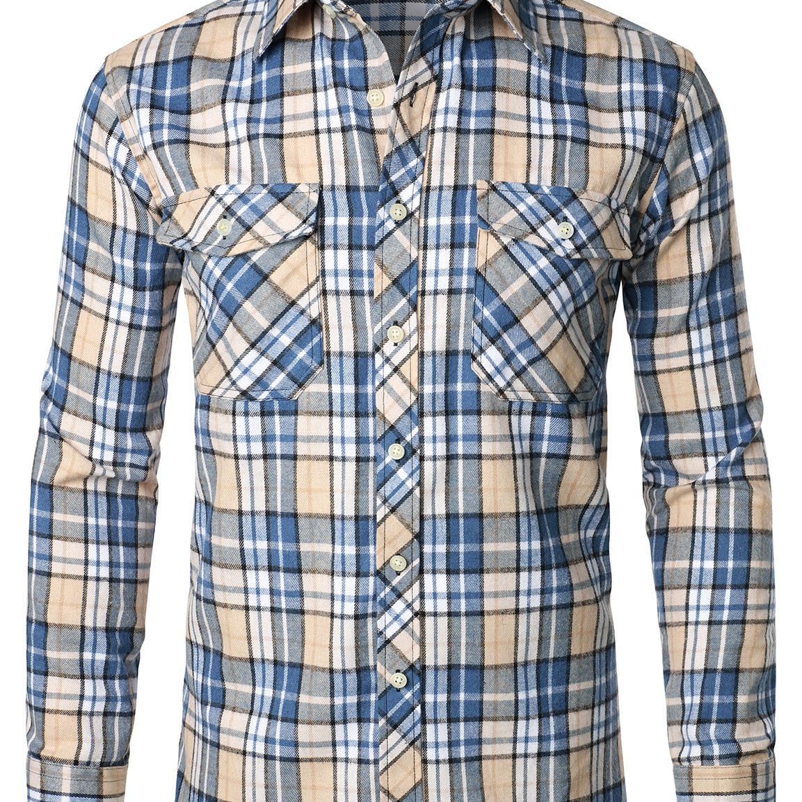 Men's Plaid Double Pocket Button Up Checkered Lapel Long Sleeve Fall Winter Shirt