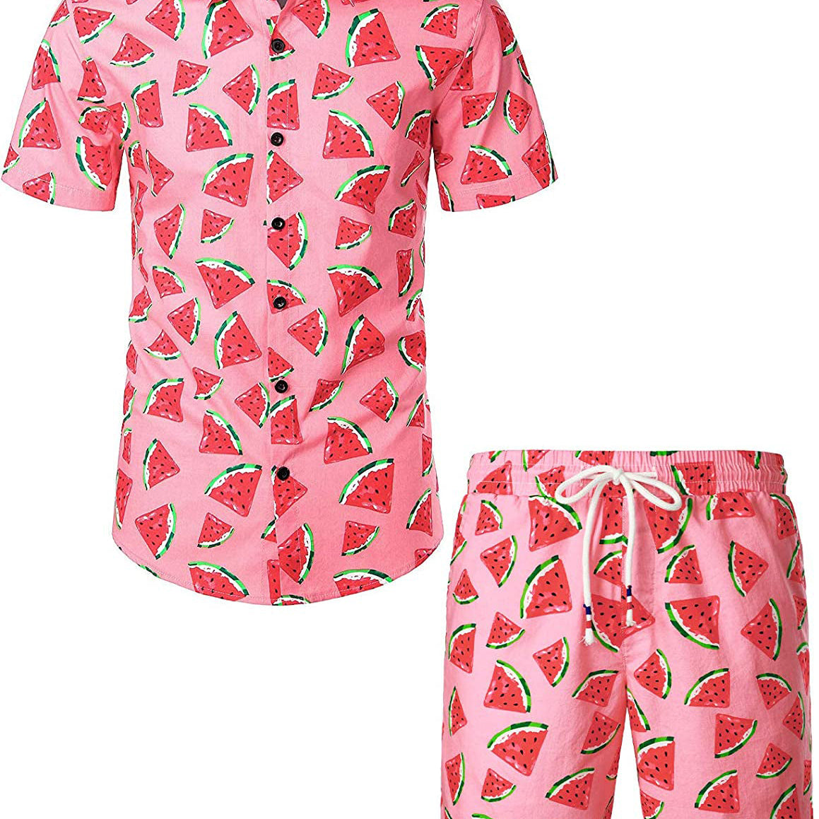 Men's Watermelon Print Cotton Hawaiian Shirt & Shorts Set