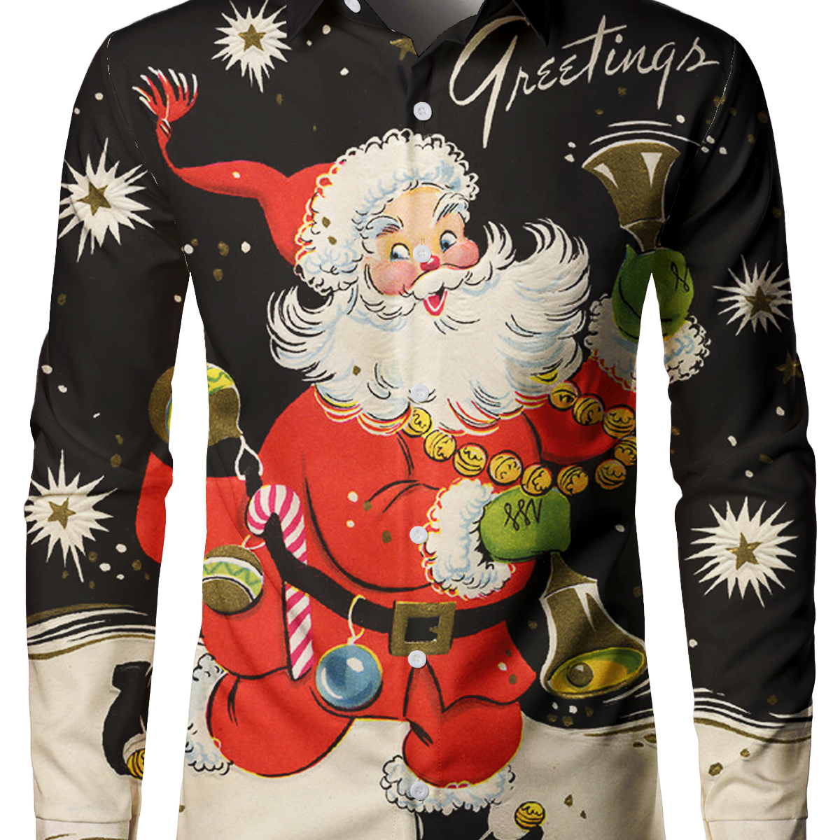 Men's Vintage Funny Christmas Santa Black Holiday Party Long Sleeve Shirt